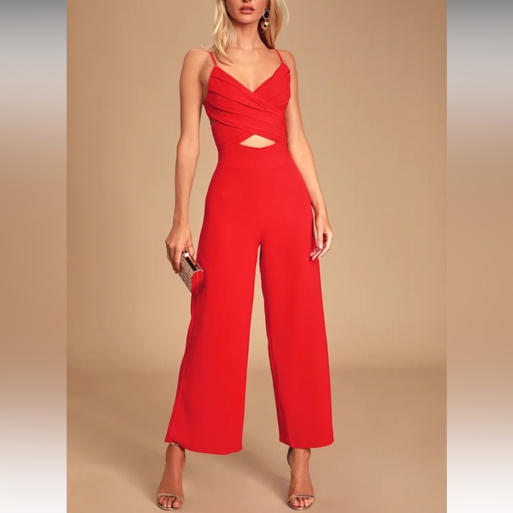 NWT LULUS Cherry Red Criss Cross Bodice Cutout Surplice Wide Leg Jumpsuit